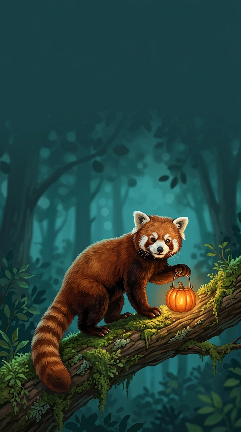 A red panda holds a glowing pumpkin lantern while balancing on a tree branch