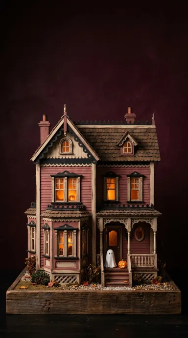 A miniature Victorian house with warm windows stands against a dark burgundy background