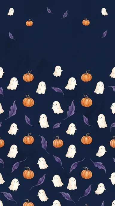 Small ivory ghosts, orange pumpkins and purple leaves form a scattered navy pattern