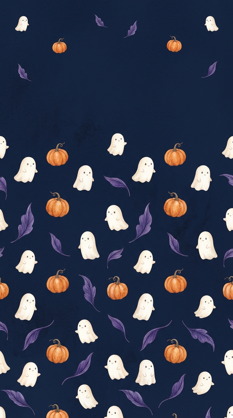 Small ivory ghosts, orange pumpkins and purple leaves form a scattered navy pattern