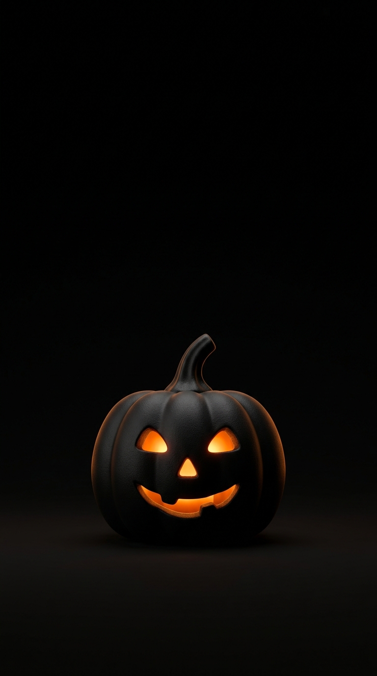A small black jack-o-lantern has amber eyes and a glowing smile against a nearly black background