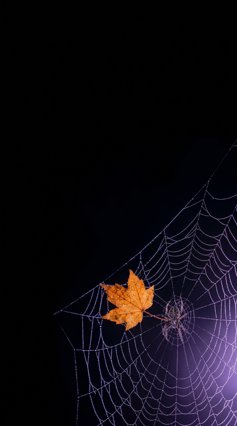 A delicate violet spiderweb catches an orange leaf in the corner of a black background