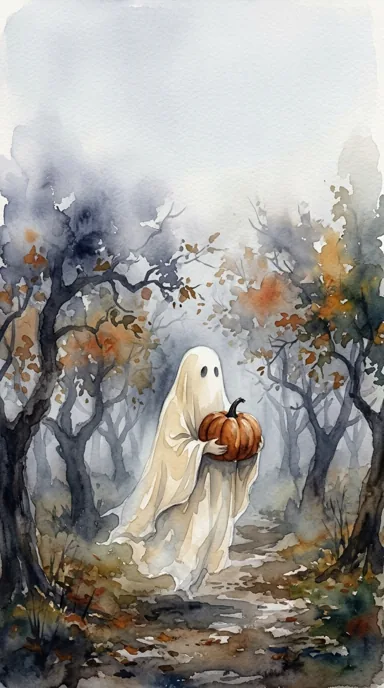 A pale ghost carries a pumpkin through a misty watercolor orchard