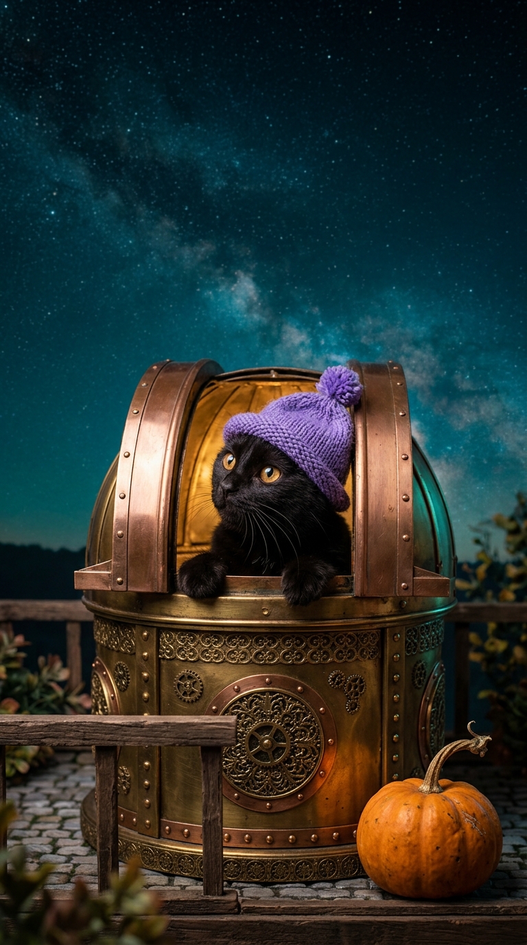 A black cat peers from a brass observatory with a pumpkin beside the balcony