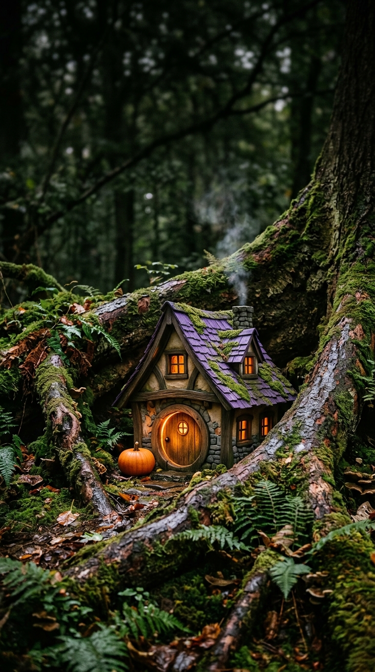 A tiny violet-roofed cottage glows between large tree roots covered in moss