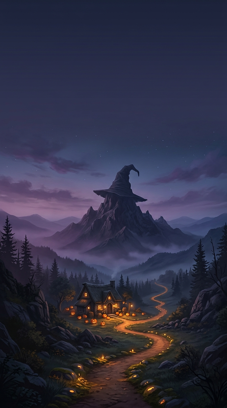 A distant witch-hat-shaped mountain rises above a winding amber path and a village