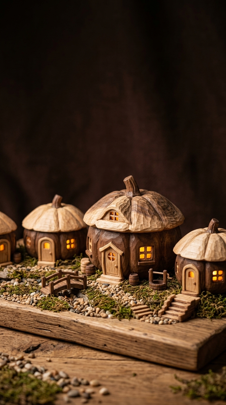 A miniature wooden pumpkin village glows with warm windows on a wooden base