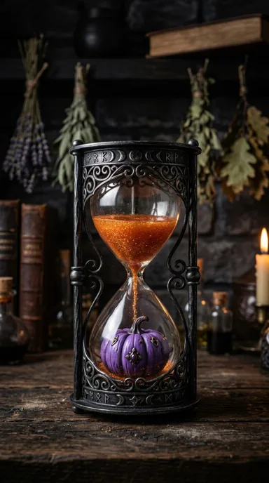 Orange sand fills an ornate black hourglass above a small purple pumpkin