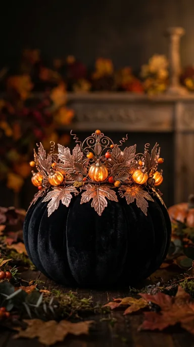 A black velvet pumpkin wears a delicate crown of copper leaves and tiny glowing pumpkins