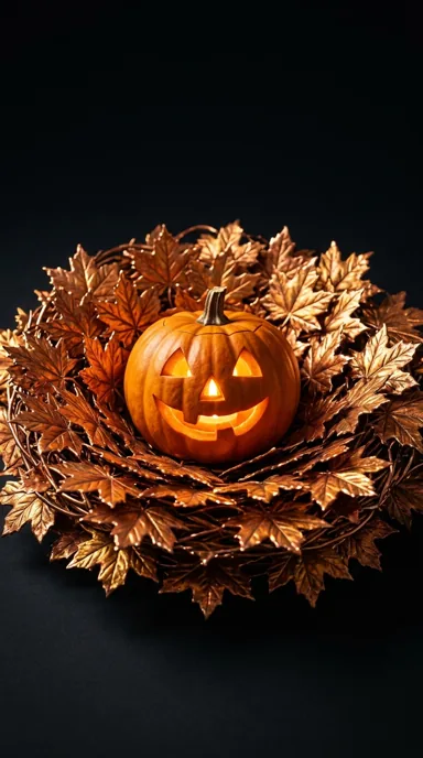 A glowing pumpkin sits inside a circular nest of layered metallic copper maple leaves