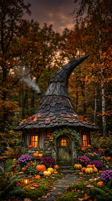 A tiny cottage shaped like a crooked witch hat stands among pumpkins and flowers on a woodland path