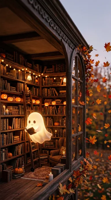 A little ghost hovers among books and pumpkin lights inside a warm autumn bookshop