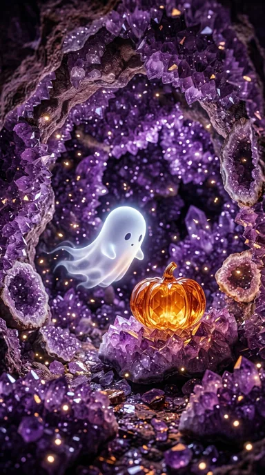 A luminous ghost and amber glass pumpkin float inside a sparkling amethyst crystal cave