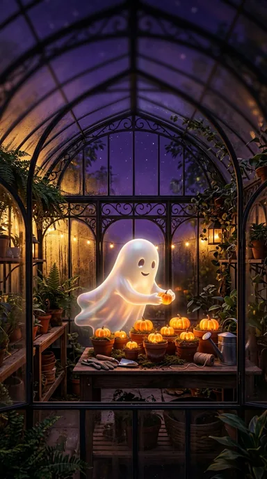 A glowing ghost tends small pumpkins inside an ornate greenhouse beneath a violet evening sky