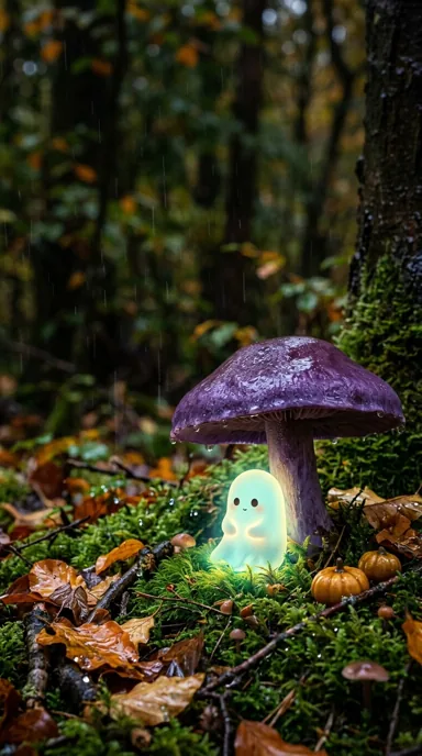 A mint-green ghost shelters beneath a purple mushroom beside pumpkins on a mossy forest floor