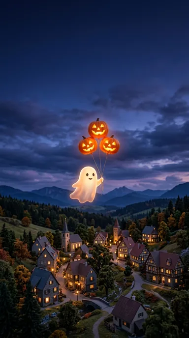 A friendly ghost floats above a village while holding three glowing pumpkin balloons