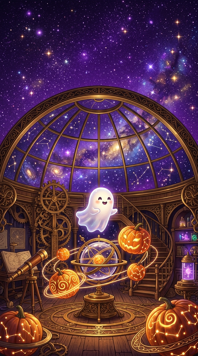 A small ghost floats above a brass planetary model inside a domed observatory under a purple starry sky