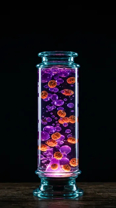 A tall glass jar contains glowing orange pumpkin shapes and violet bubbles against a black background