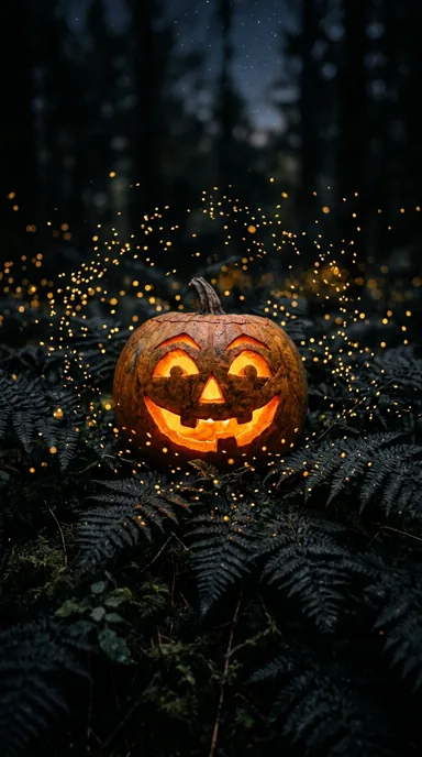 A smiling jack-o-lantern rests among dark fern leaves surrounded by golden fireflies