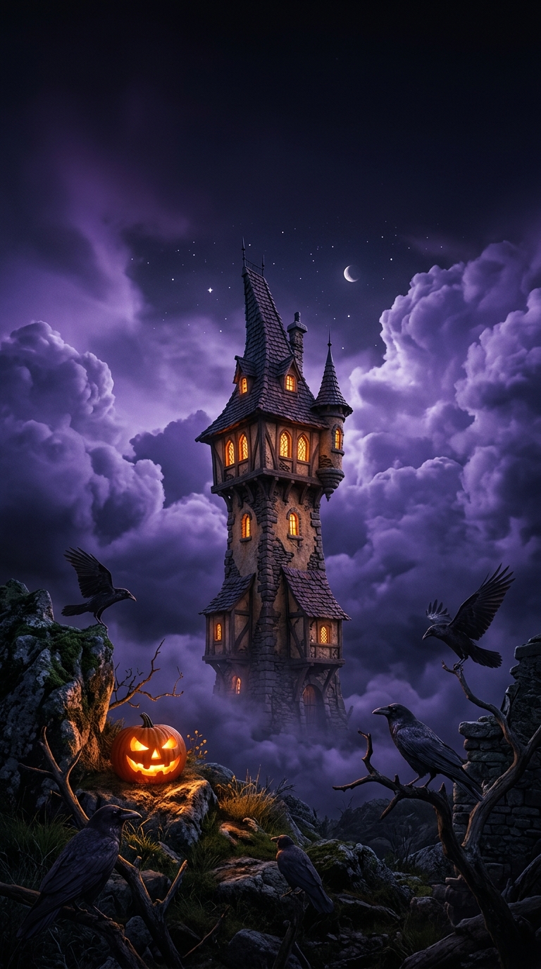 A crooked tower with amber windows rises above violet clouds and black ravens