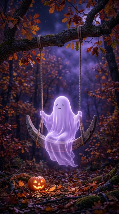 A lavender ghost sits on a rope swing beneath copper autumn leaves with a pumpkin lantern below
