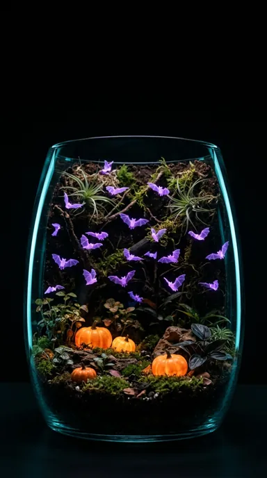 Tiny purple bats hover above miniature pumpkins inside a curved glass woodland terrarium