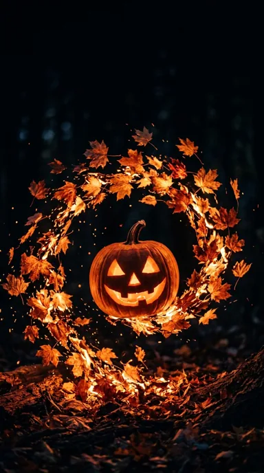 A carved pumpkin glows inside a swirling ring of fiery orange maple leaves against darkness