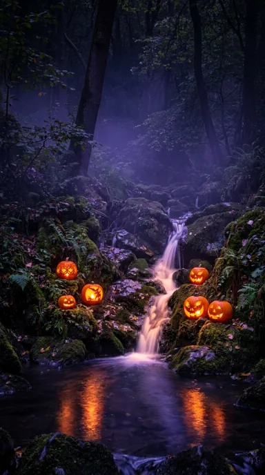 Pumpkin lanterns illuminate a rocky woodland waterfall beneath a violet mist
