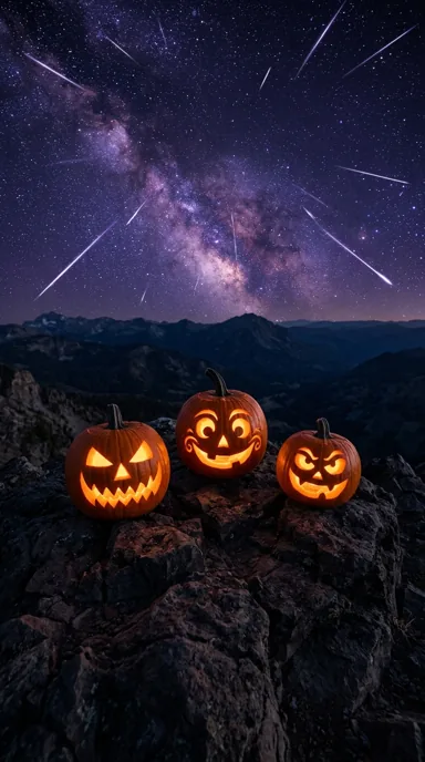 Three carved pumpkins sit on a rocky ridge beneath purple stars and bright meteor trails