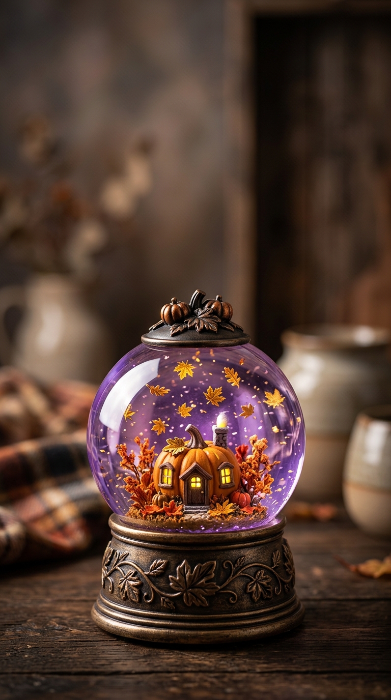 A decorative snow globe contains a tiny pumpkin cottage with suspended golden leaves