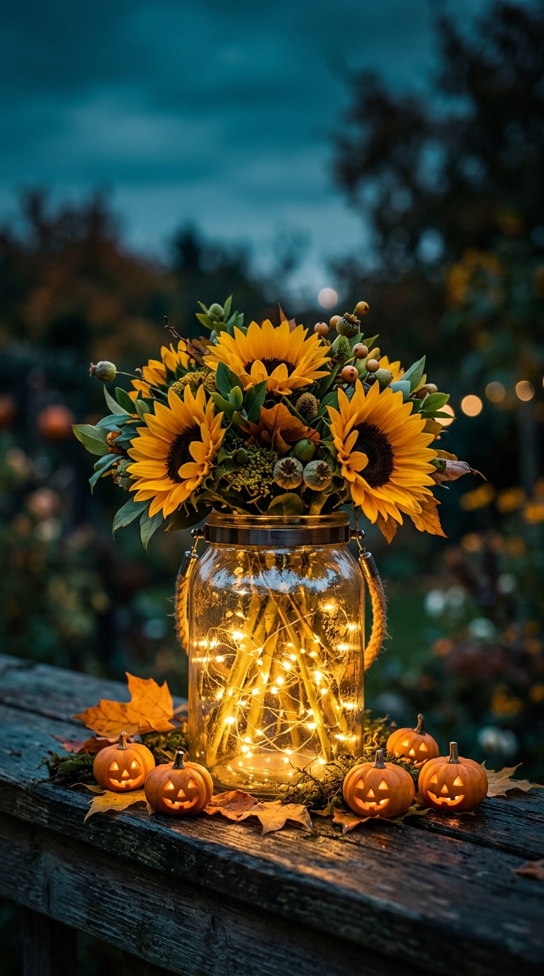 Sunflowers rise from a glass jar of golden fairy lights surrounded by tiny carved pumpkins