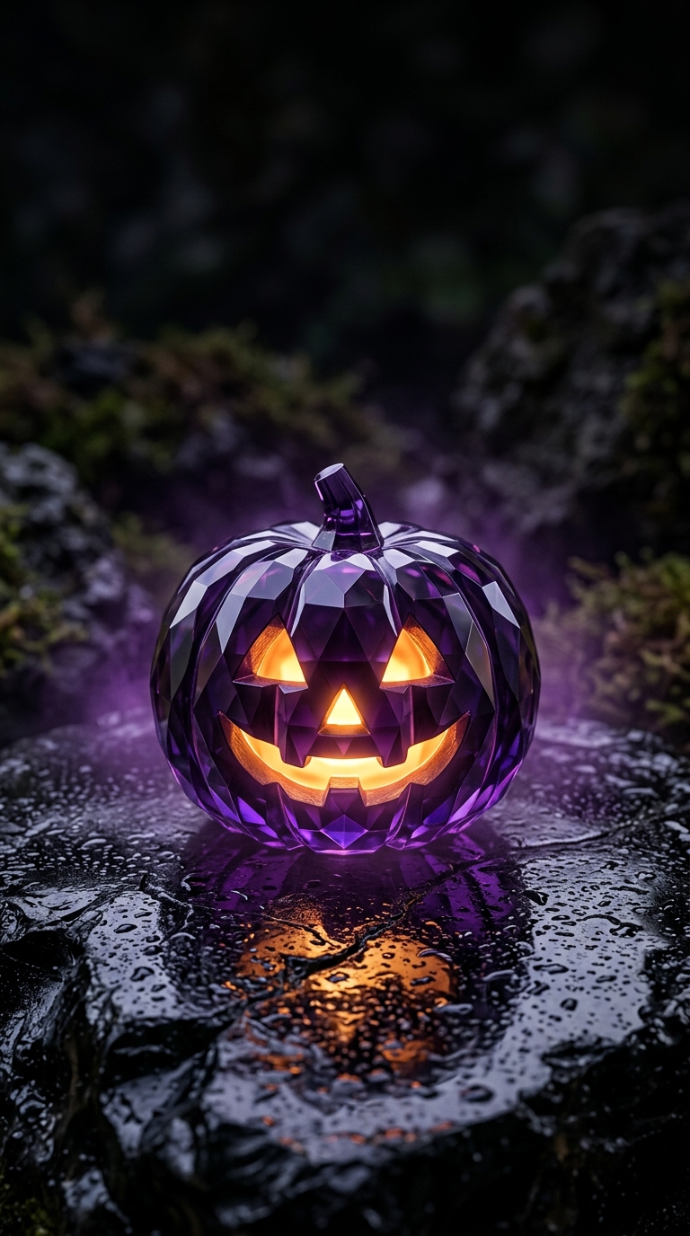A faceted violet glass pumpkin glows amber on a wet stone with colorful reflections
