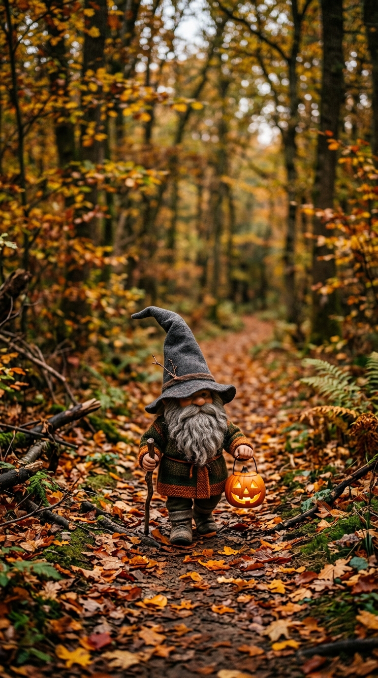 A small bearded gnome with a crooked gray hat carries a pumpkin lantern along an autumn forest path