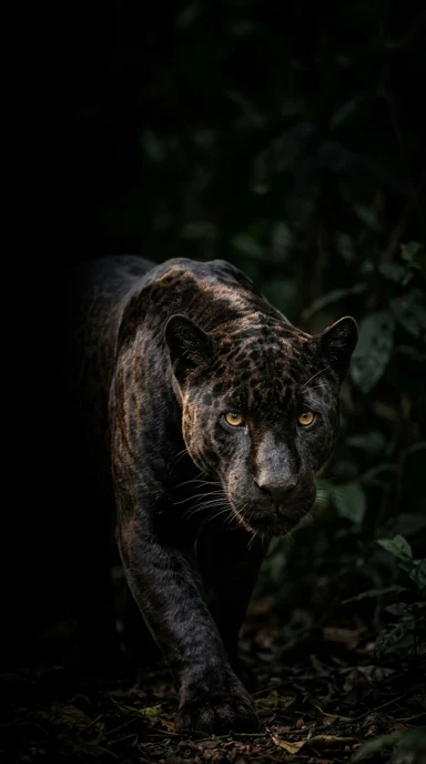A black panther emerging from deep shadow.