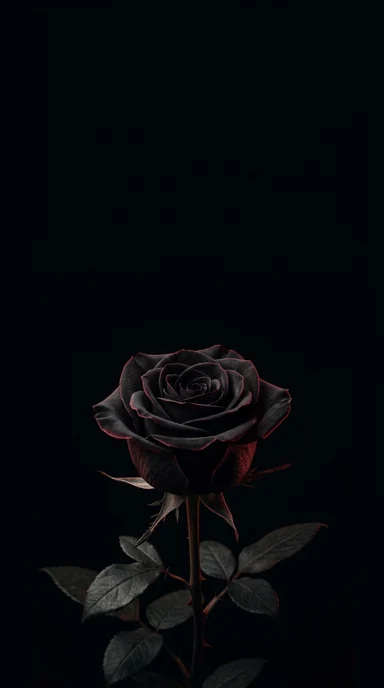 A black rose with restrained ruby rim light.