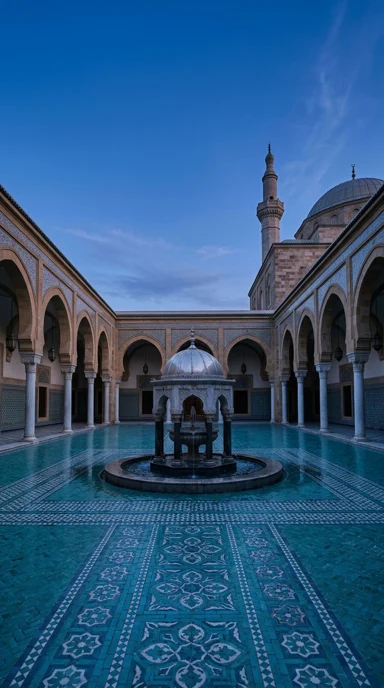 A turquoise tiled mosque courtyard with a single fountain.