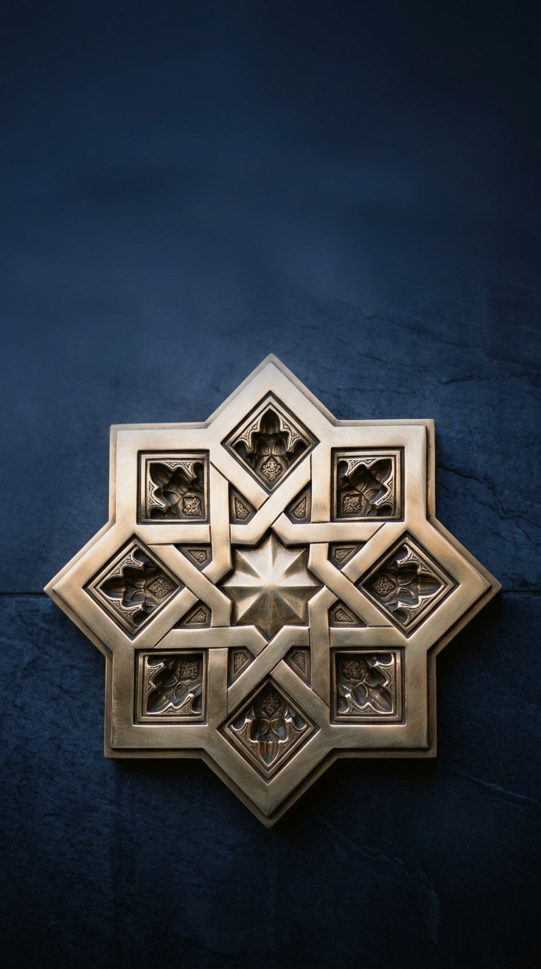An islamic geometric star sculpted from polished brass.