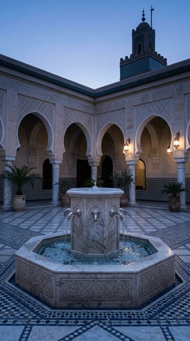 A peaceful ablution fountain surrounded by arches.