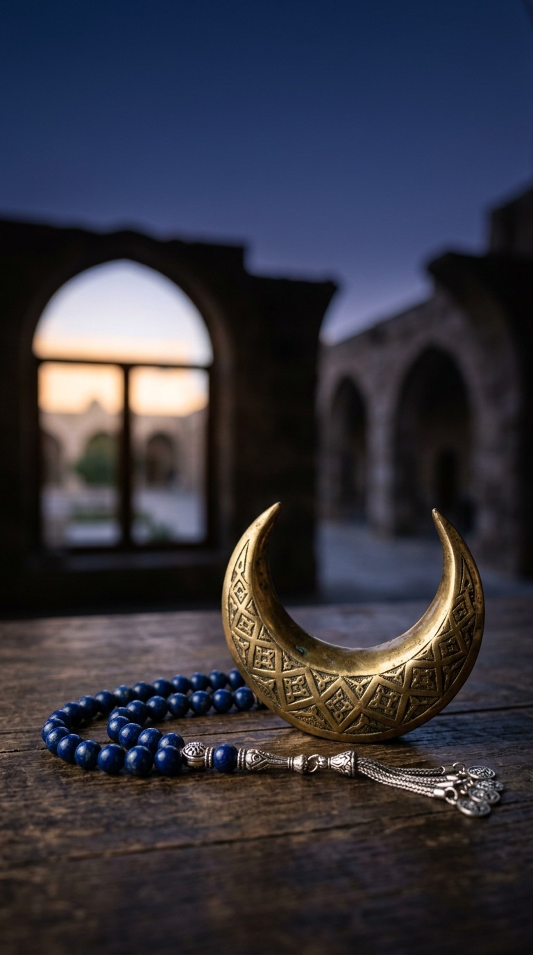 A crescent-shaped brass ornament beside prayer beads.