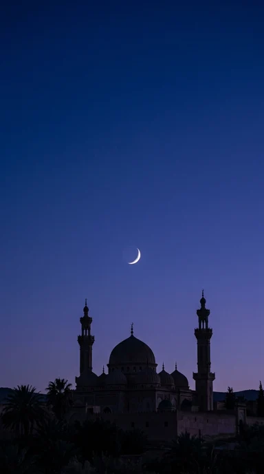 A luminous crescent above a silhouette of mosque domes.