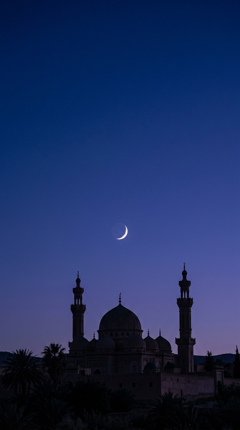 A luminous crescent above a silhouette of mosque domes.