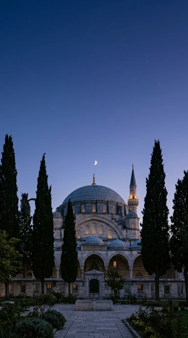 An ottoman-inspired dome framed by cypress trees.