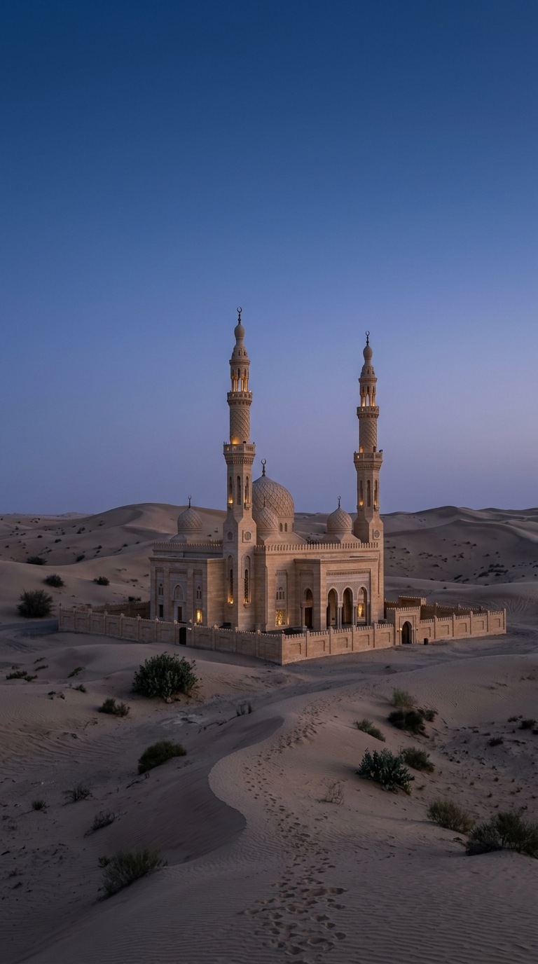 A sandstone mosque nestled among desert dunes.