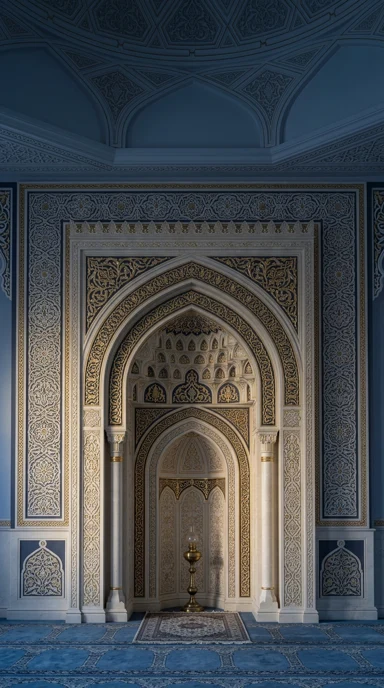 An ornamental mihrab niche in ivory and gold.