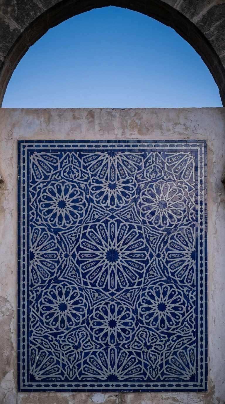 An intricate eight-point islamic geometric mosaic.