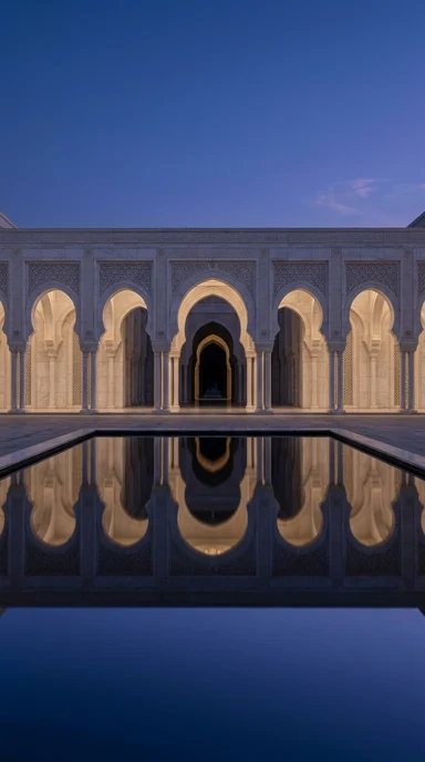 A marble arcade reflected in a shallow courtyard pool.