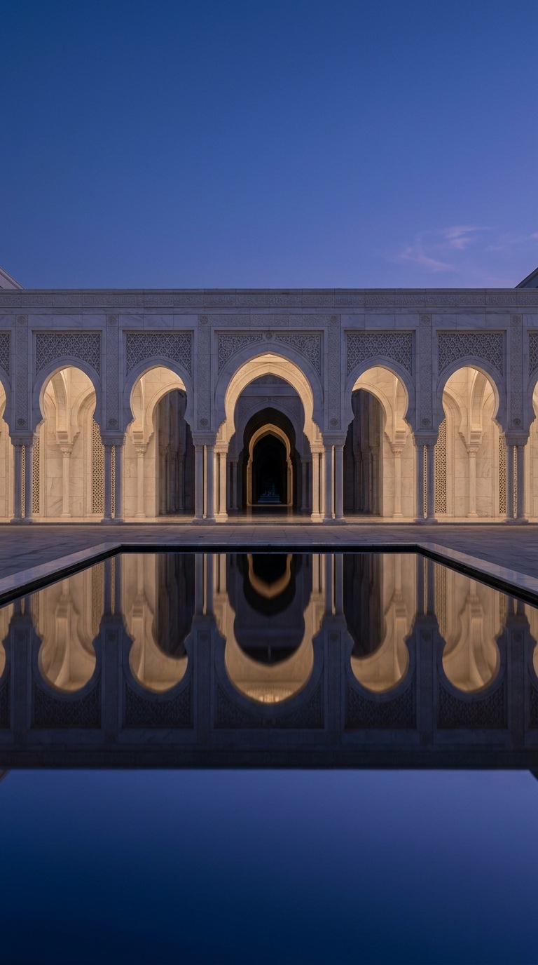 A marble arcade reflected in a shallow courtyard pool.
