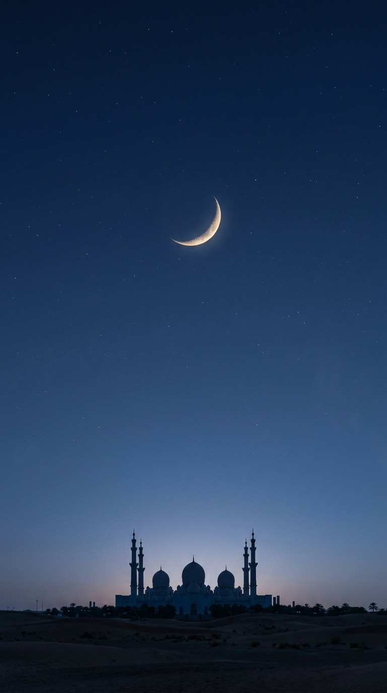 A minimal gold crescent and distant mosque silhouette.