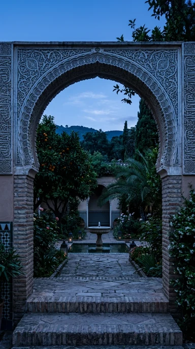 A moorish horseshoe arch opening onto a peaceful garden.