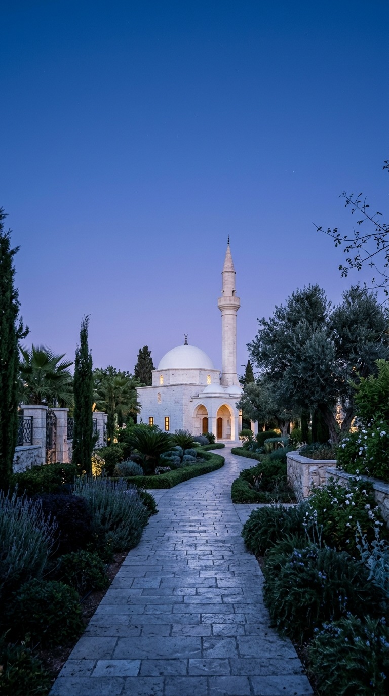 A garden path leading toward a small white mosque.